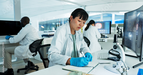 Doctor, woman and writing for research, notes and experiment results or medical information. Science notebook, update and laboratory technician with microscope for virus development or pathology test photo