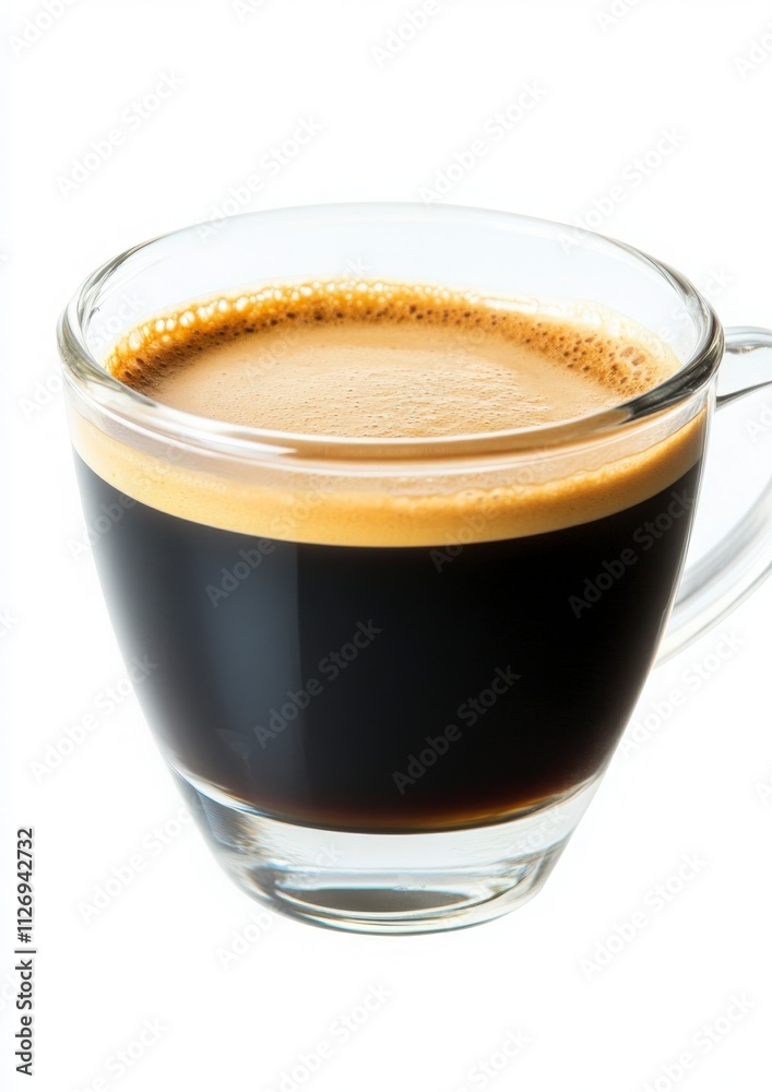 Close-up View of a Freshly Brewed Espresso Coffee in a Clear Glass Cup on a White Background, Showing Rich Creamy Foam and Dark Brown Liquid Close-up View of a Freshly Brewed Espresso Coffee in a Clear Glass Cup on a White Background, Showing Rich Creamy Foam and Dark Brown Liquid