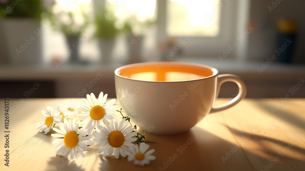 Fototapeta premium Warm cup of herbal tea beside fresh daisies in a cozy kitchen setting
