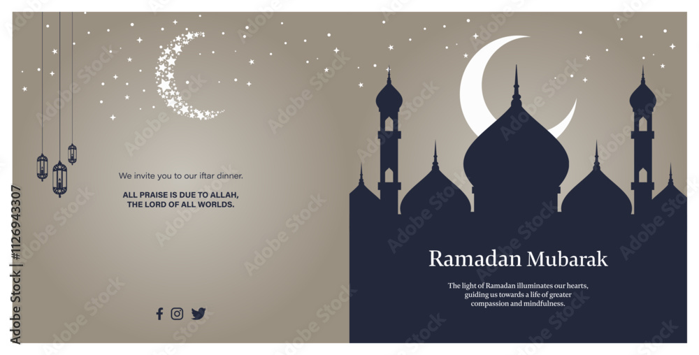 Ramadan Kareem Islamic Gift and Wish Card. A magnificent mosque silhouette, Ramadan lights, crescent moon, and stars. Ramadan Kareem Islamic Gift and Wish Card. A magnificent mosque silhouette, Ramadan lights, crescent moon, and stars.