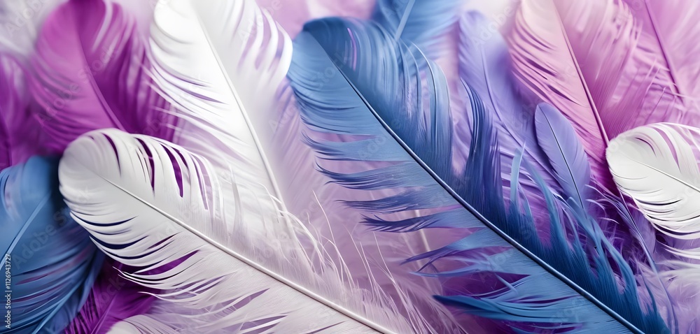Fototapeta premium an abstract background of blue and violet feathers, soft focus romanticism, colorful curves, light magenta and white 