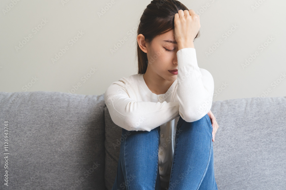 Unhappy anxiety young Asian woman covering her face with pillow on the cough in the living room at home. Unhappy anxiety young Asian woman covering her face with pillow on the cough in the living room at home.