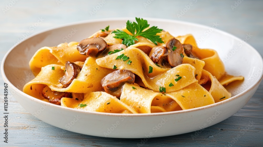 A delightful dish consisting of wide, flat pasta noodles tossed in a rich, creamy sauce infused with earthy mushrooms and garnished with fresh parsley for a burst of freshness. A delightful dish consisting of wide, flat pasta noodles tossed in a rich, creamy sauce infused with earthy mushrooms and garnished with fresh parsley for a burst of freshness.
