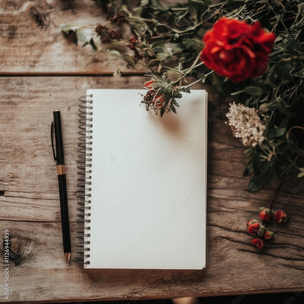 Blank notepad with pen and flowers on rustic wood. Blank notepad with pen and flowers on rustic wood.