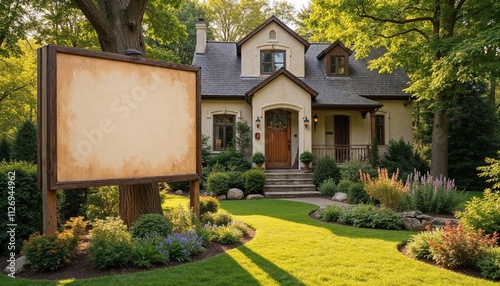 Mockup of a rustic billboard with vintage design in front of a charming house surrounded by greenery