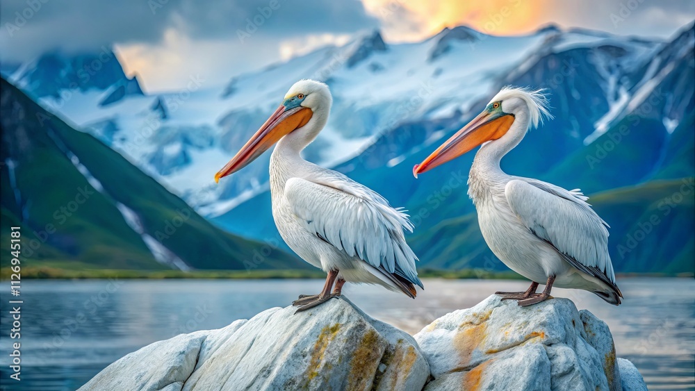 Two Pelicans on Rocks Against Mountain Landscape Two Pelicans on Rocks Against Mountain Landscape