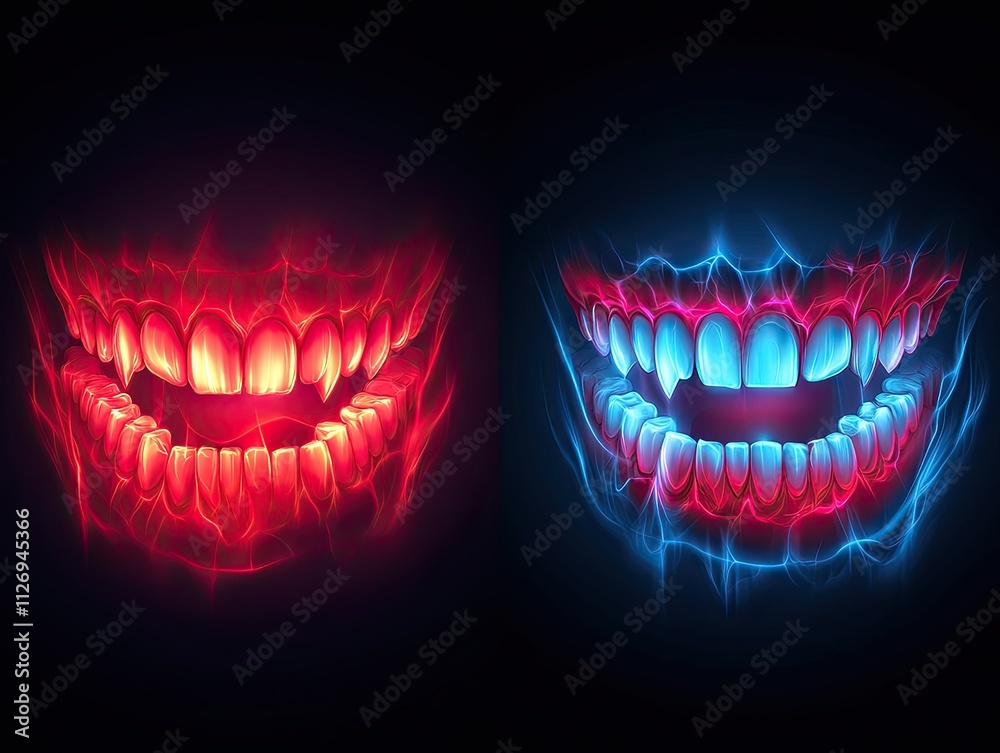 Abstract glowing human teeth on black background, one side red and the other side blue with vibrant light effects Abstract glowing human teeth on black background, one side red and the other side blue with vibrant light effects