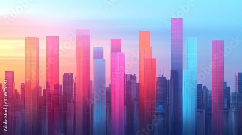 Colorful Abstract City Skyline at Sunset with Vibrant Vertical Shapes and Gradient Hues Reflecting Modern Urban Architecture