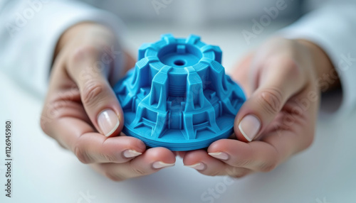 A person's hands gently hold a vibrant blue 3D printed object  showcasing intricate details. photo