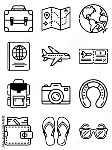 Travel icons, line style, representing travel essentials and adventures, copy space