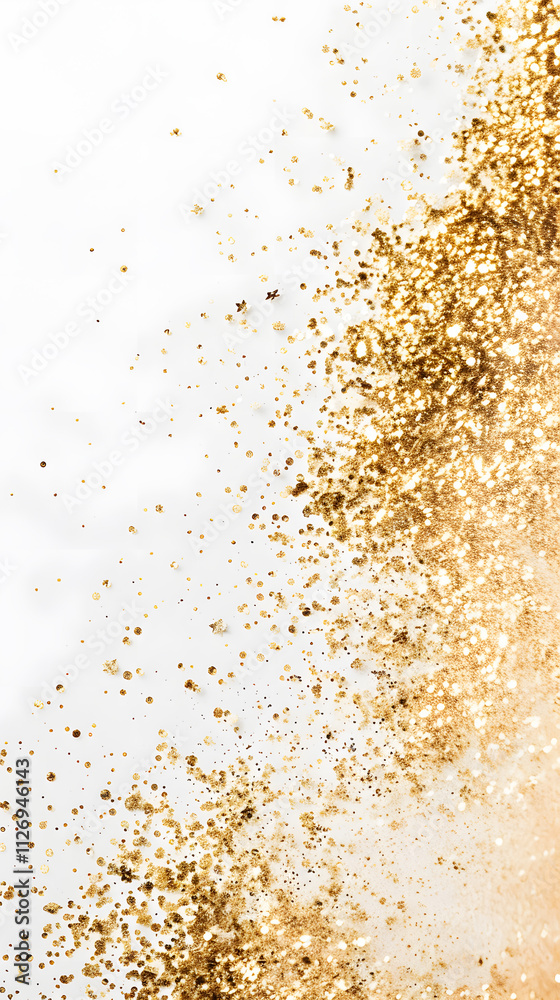 White background, gold particles, glitter on blurred background with a bokeh effect White background, gold particles, glitter on blurred background with a bokeh effect