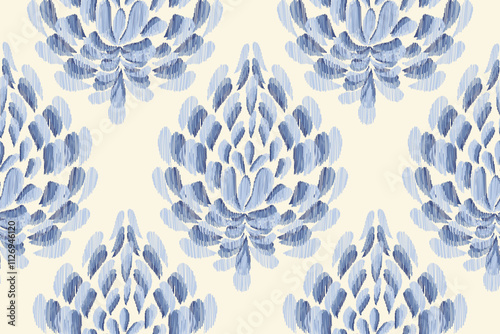 Vintage floral ethnic tapestry modern embroidery texture boho design vector illustration hand drawn silhouette indigo blue flower motif branches leaves wallpaper seamless background border.