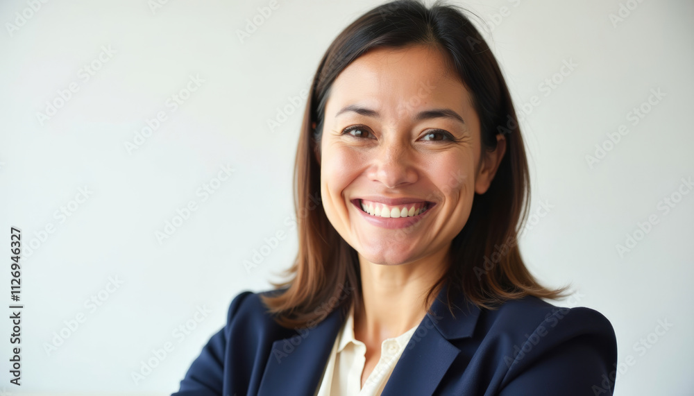 A smiling businesswoman in a dark blue blazer exuding confidence and success. A smiling businesswoman in a dark blue blazer exuding confidence and success.