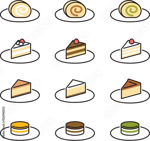 苺やチーズ、チョコレートなど様々なショートケーキのイラストセット
