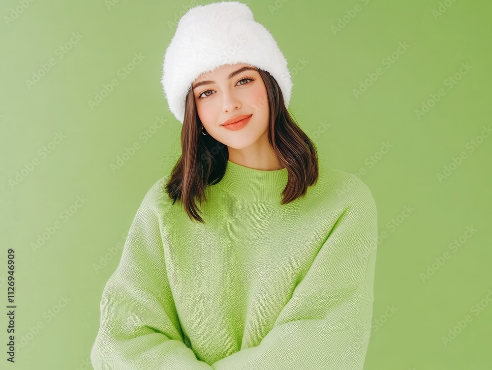 Young woman in cozy green sweater and fluffy white hat posed against vibrant green background smiling with confidence Young woman in cozy green sweater and fluffy white hat posed against vibrant green background smiling with confidence