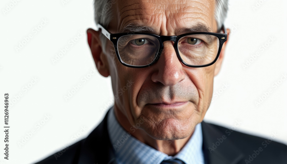 Close up portrait of a serious looking older man in glasses  wearing a suit.