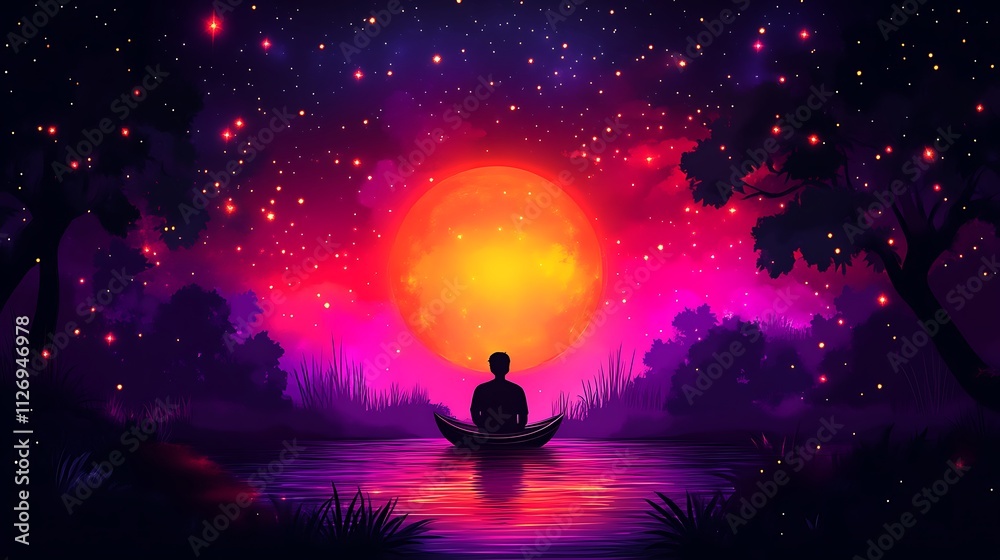 Solitary Figure in Boat Underneath a Vibrant Night Sky Solitary Figure in Boat Underneath a Vibrant Night Sky