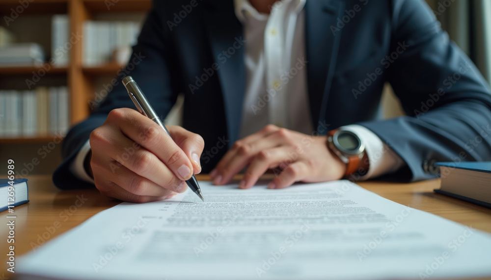 A businessman in a suit is carefully signing an important document using a pen. A businessman in a suit is carefully signing an important document using a pen.