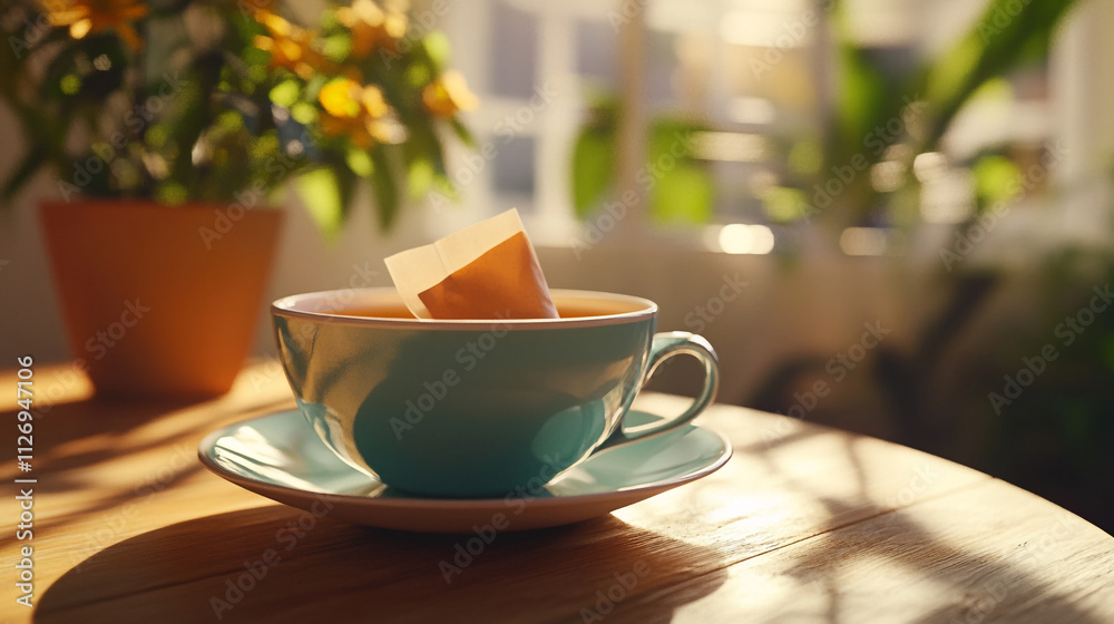 Bright morning with a steaming cup of tea and sunlight filtering through the window
