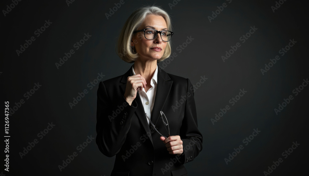 A confident mature woman in a black suit glasses in hand looks thoughtfully into the distance. A confident mature woman in a black suit glasses in hand looks thoughtfully into the distance.