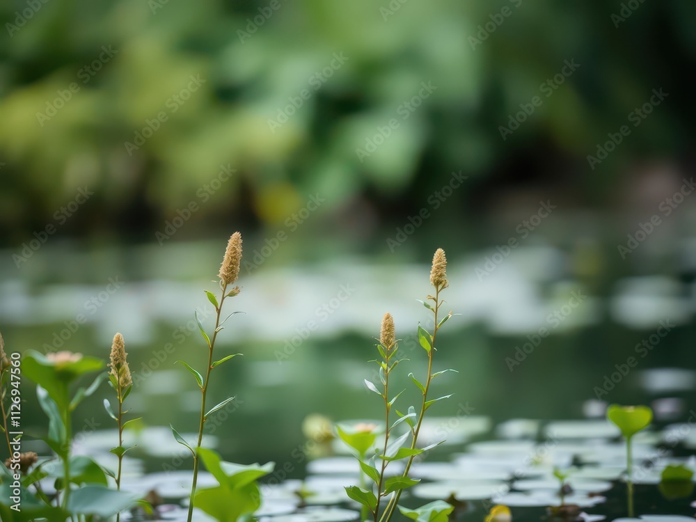 Blurred background of serene aquatic plants and rippling water, soft focus, peaceful, plants