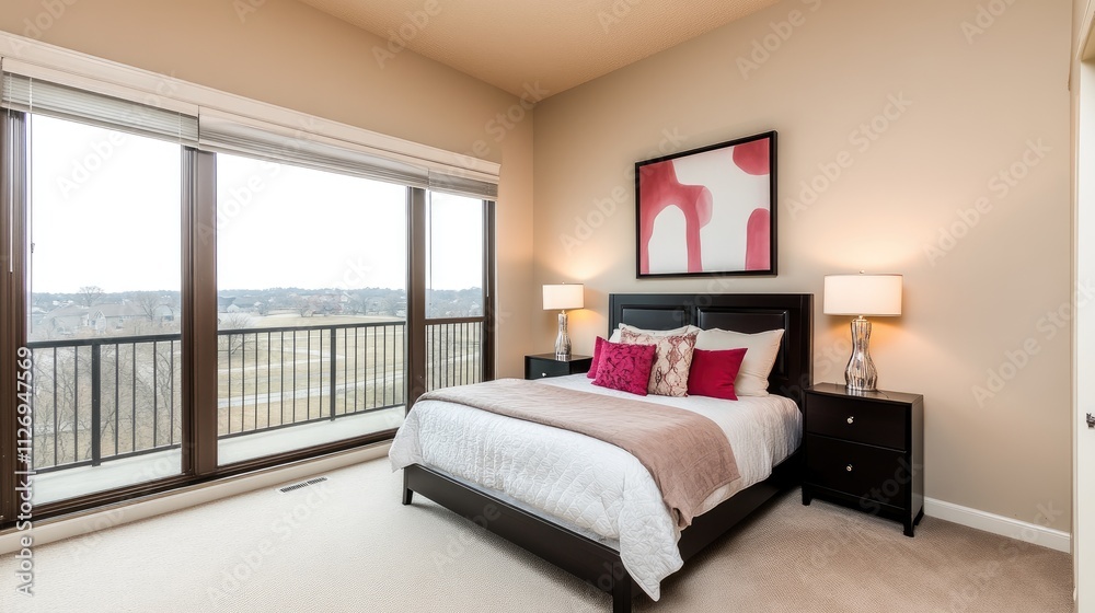 Fototapeta premium Bright and Modern Bedroom with Large Windows Offering Scenic Views and Contemporary Decor