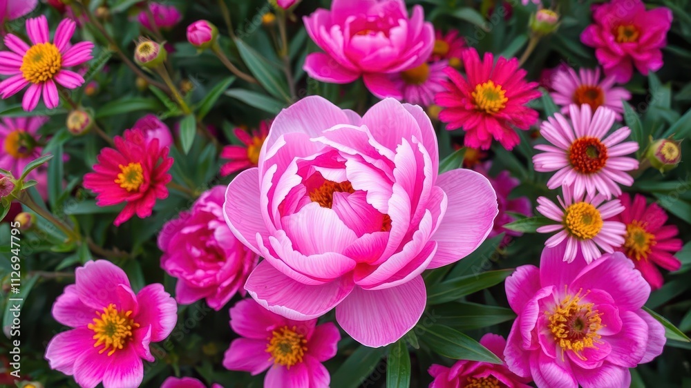 Blurred pink peony flowers in the background of a lush garden, botanical, petals Blurred pink peony flowers in the background of a lush garden, botanical, petals