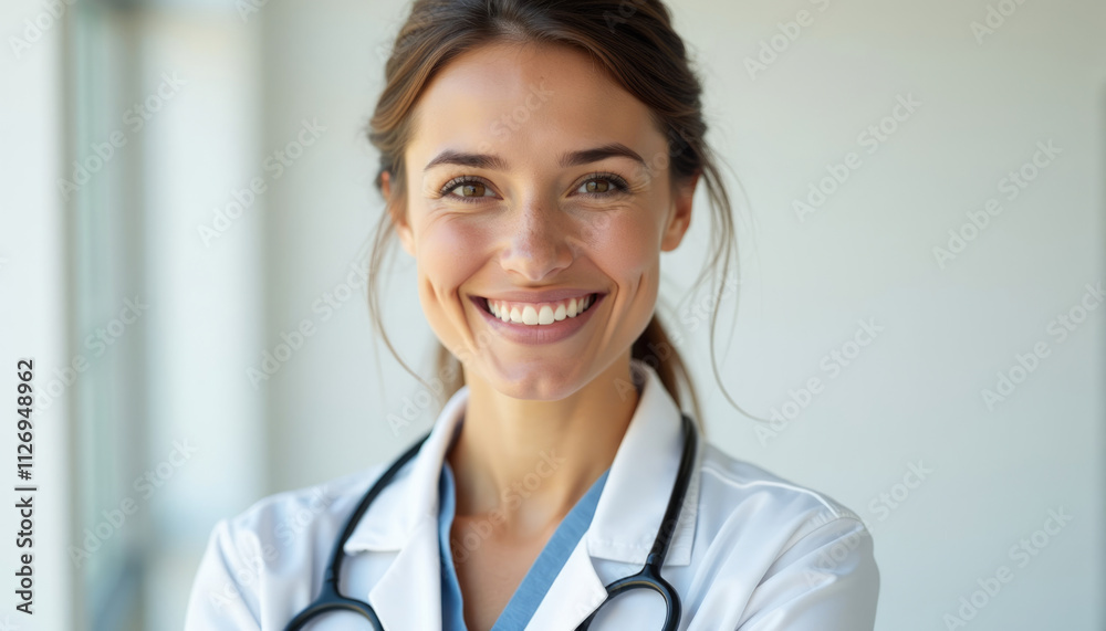 A smiling female doctor wearing a white coat and stethoscope. A smiling female doctor wearing a white coat and stethoscope.