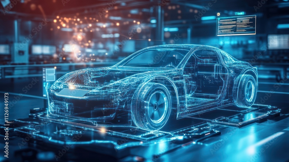 Futuristic holographic car model in a tech environment. Futuristic holographic car model in a tech environment.