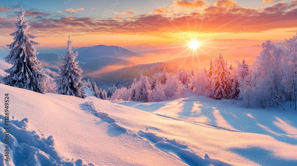 Serene winter landscape at sunrise with snow-covered trees. Serene winter landscape at sunrise with snow-covered trees.