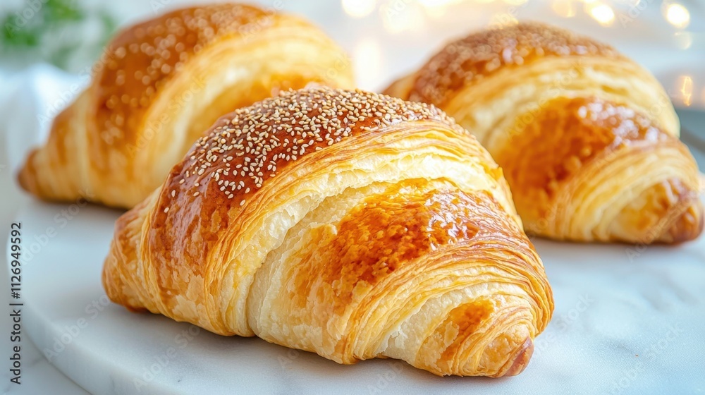A golden brown pastry topped with a layer of toasted sesame seeds, resulting in a crunchy, nutty flavor that complements the flaky layers of the croissant beneath. A golden brown pastry topped with a layer of toasted sesame seeds, resulting in a crunchy, nutty flavor that complements the flaky layers of the croissant beneath.