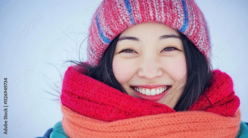 Smiling Woman in Colorful Winter Hat and Scarf Against Snowy Background Smiling Woman in Colorful Winter Hat and Scarf Against Snowy Background