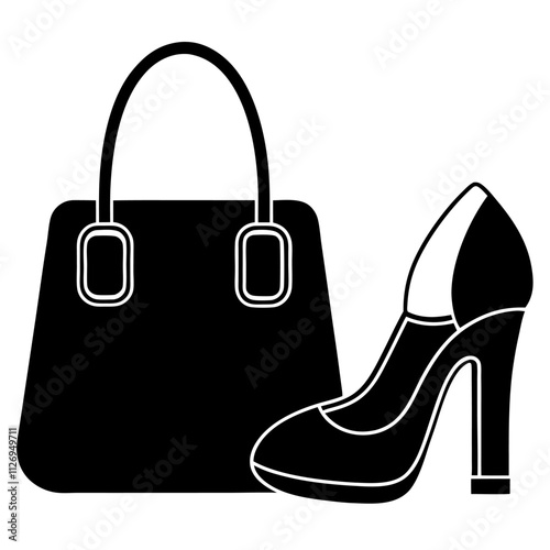 High end accessories (designer bags, shoes) silhouette icon vector illustration on white background.