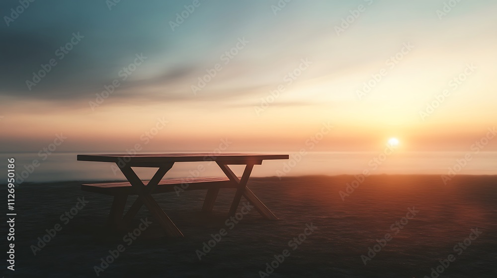 Wooden Picnic Table at Sunset Over Ocean Wooden Picnic Table at Sunset Over Ocean