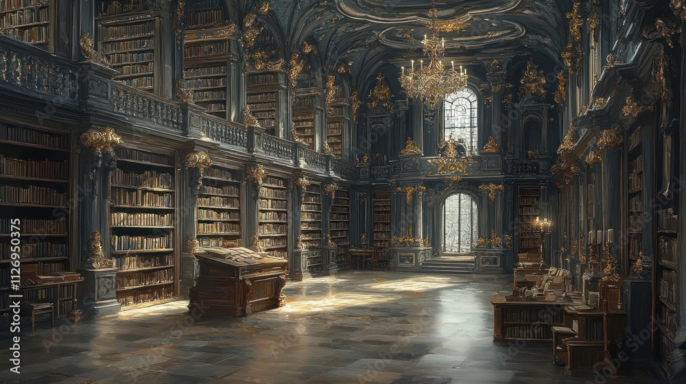 Elegant library with ornate architecture and books. Elegant library with ornate architecture and books.