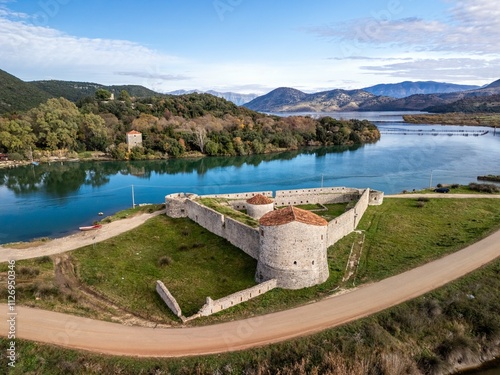 Albania, Ksamil, Butrint National Park, Venetian Triangular Castle an aerial drone view