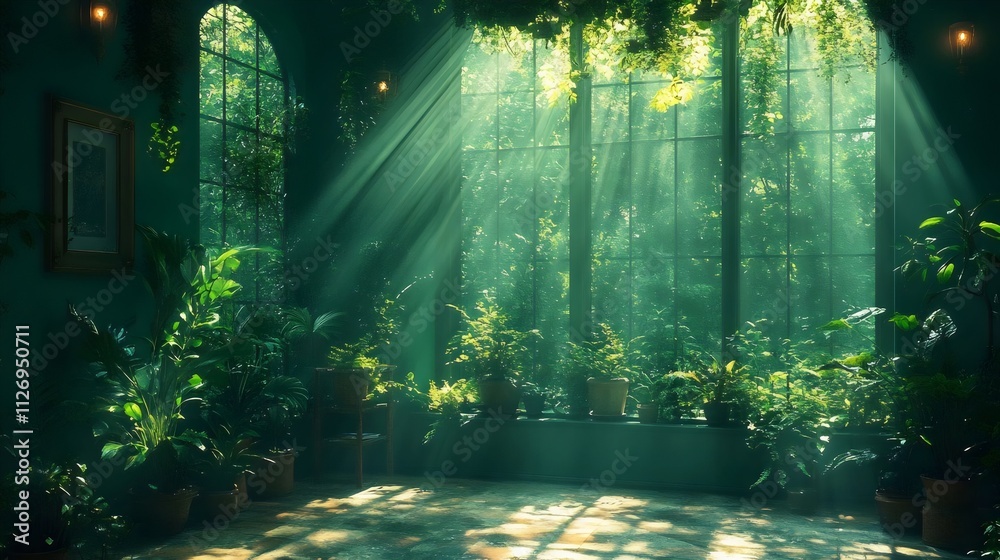 Obraz premium A room with lots of plants and sunlight shining through the windows