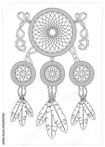 Illustration en noir et blanc d'un attrape-rêve avec un grand cercle et trois cercles suspendus, chacun décoré de plumes. Design minimaliste, inspiré de la culture amérindienne, à colorier.