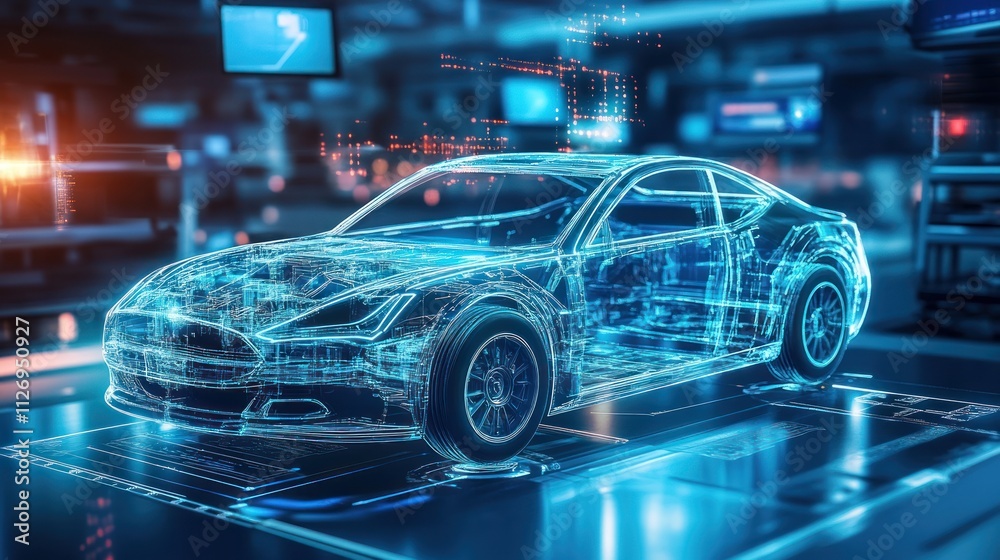 Futuristic transparent car design in a high-tech environment. Futuristic transparent car design in a high-tech environment.