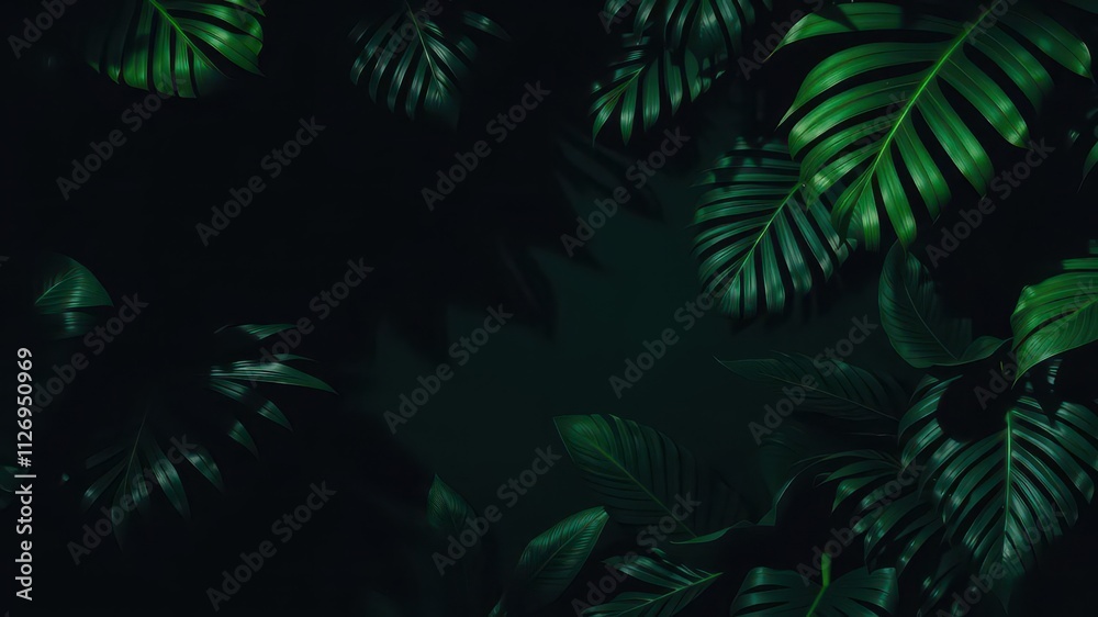 Fototapeta premium Dark pattern featuring exotic leaves in a moody and mysterious atmosphere, tropical, nature, shadow