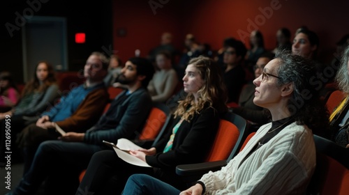 Attentive audience listening intently at a lecture or presentation in a theater. (1)