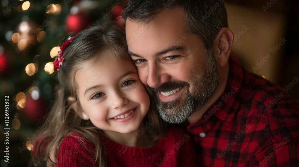 A heartwarming Christmas portrait of a father and daughter sharing a tender moment. A heartwarming Christmas portrait of a father and daughter sharing a tender moment.