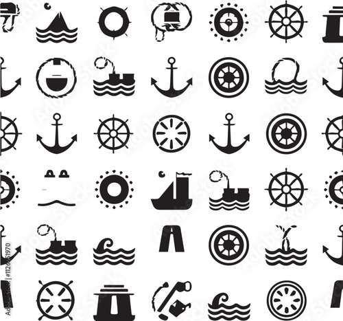 Set of anchors, rudders icons, and ropes. Vector illustration.