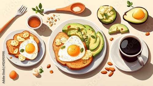 Sunny Morning Avocado Toast and Coffee: A Delicious Digital Illustration AI Generated