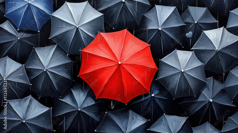 single red umbrella stands out in sea of black umbrellas, creating striking contrast single red umbrella stands out in sea of black umbrellas, creating striking contrast