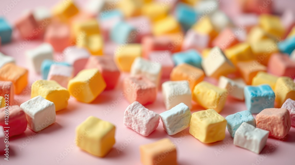 Pastel-colored square candies scattered on a pink surface, a delightful confectionery close-up Pastel-colored square candies scattered on a pink surface, a delightful confectionery close-up