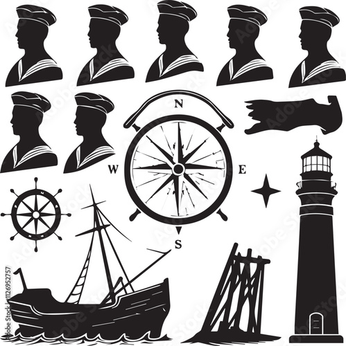 Sailor elements silhouette background, people design vector illustration.
