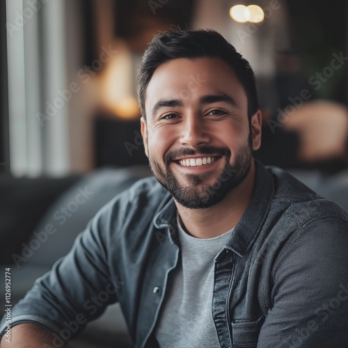 A smiling young man radiating joy in a modern interior space.