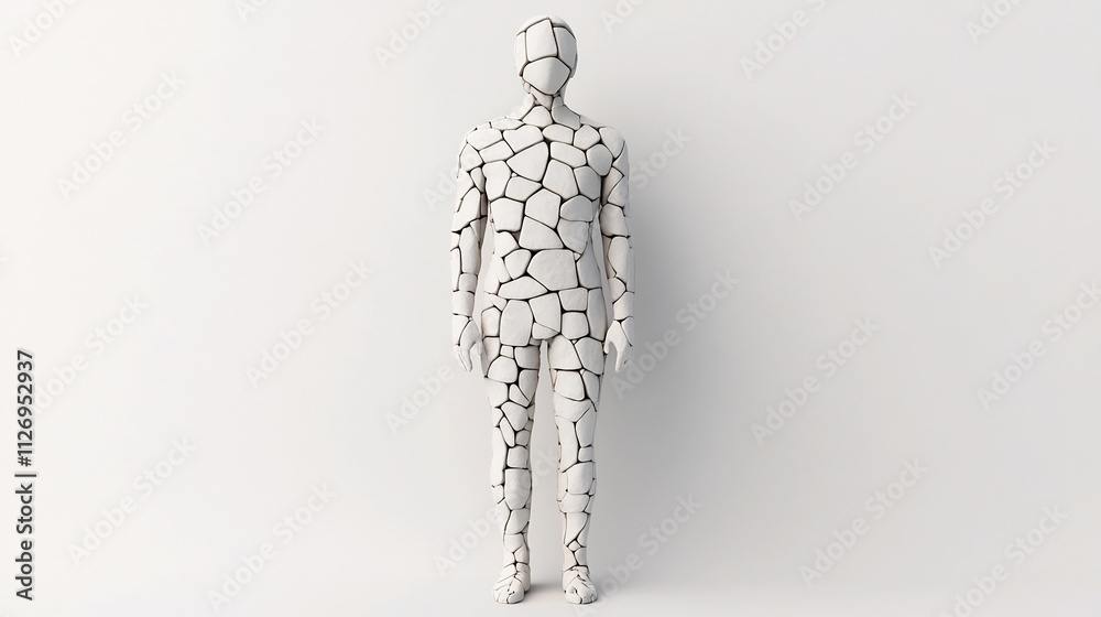 Geometric Humanoid Sculpture Constructed from Stone Bricks on White Background Geometric Humanoid Sculpture Constructed from Stone Bricks on White Background