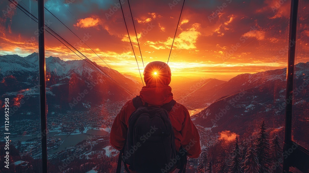 Obraz premium A person enjoying a sunset view from a cable car in the mountains.